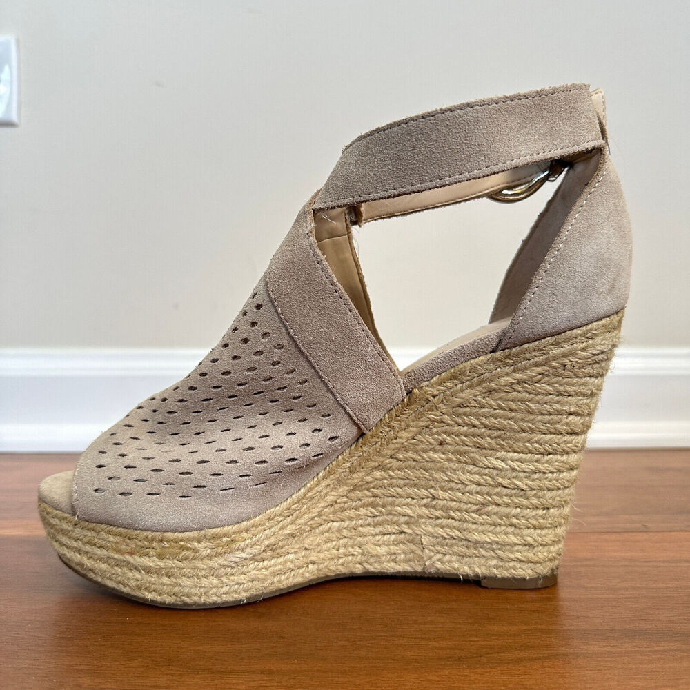 Marc Fisher HALDYA Suede Laser Wedge Platform Espadrille Sandals Size 9.5M Tan - Picture 4 of 15